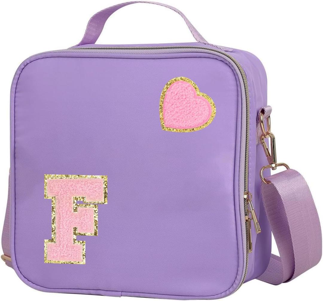 Insulated Nylon Lunch Box for Girls, Kids, and Women-Stylish Purple Preppy Large Lunch Bag with Adjustable Strap and Chenille Letter 'F', Tote for School, Travel, and Picnics-Ideal Preppy Stuff Choice