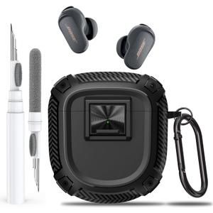 Olytop for New Bose QuietComfort Earbuds II (2022) / Ultra (2023) Case Cover with Lock Clip&Cleaner kit Pen, Rugged Shockproof Protective Hard Skin with Carabiner Men Women for Bose QC 2 - Black
