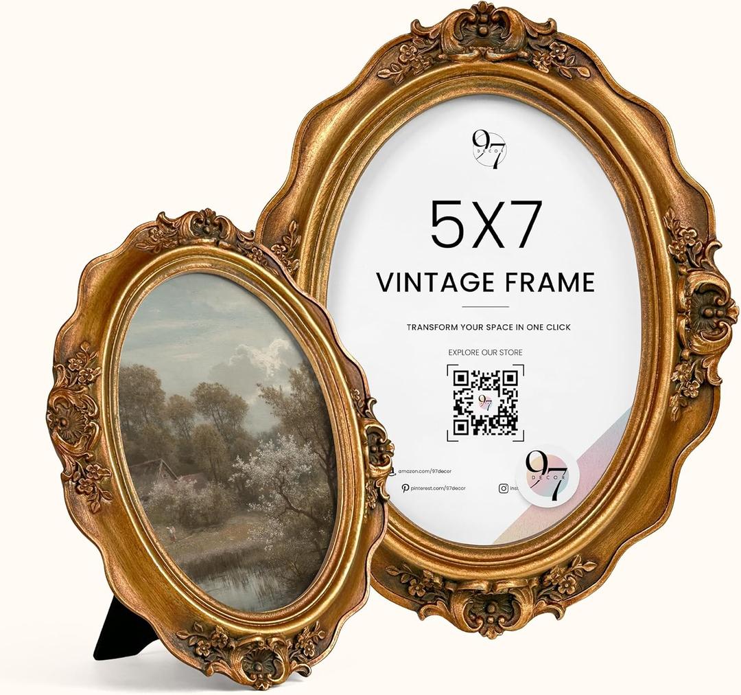 97 Decor Antique 5x7 Oval Picture Frame - Vintage Oval Frame 5x7, Gold Photo Frames 5 X 7 With Glass Front For Tabletop Display And Wall Hanging, Ornate Victorian Poster Frames 5 By 7