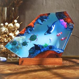 Ocean Resin Lamp  Marine Life Night Light with 16 Color LED, USB Powered Whale Shark & Turtle Desk Lamp with Wooden Base & Remote,Handmade Gift for Christmas, New Year