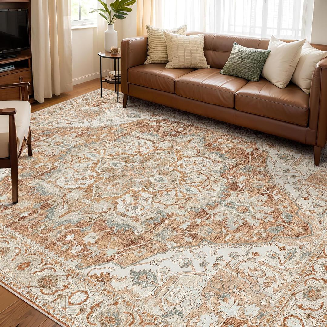 Large Area Rugs 9x12 Living Room Rug Boho Area Rug Washable Rugs 9x12 Vintage Rugs Indoor Large Bedroom Rug with Non Slip Rubber Backing for Under Dining Table Office Bedroom, Caramel Beige