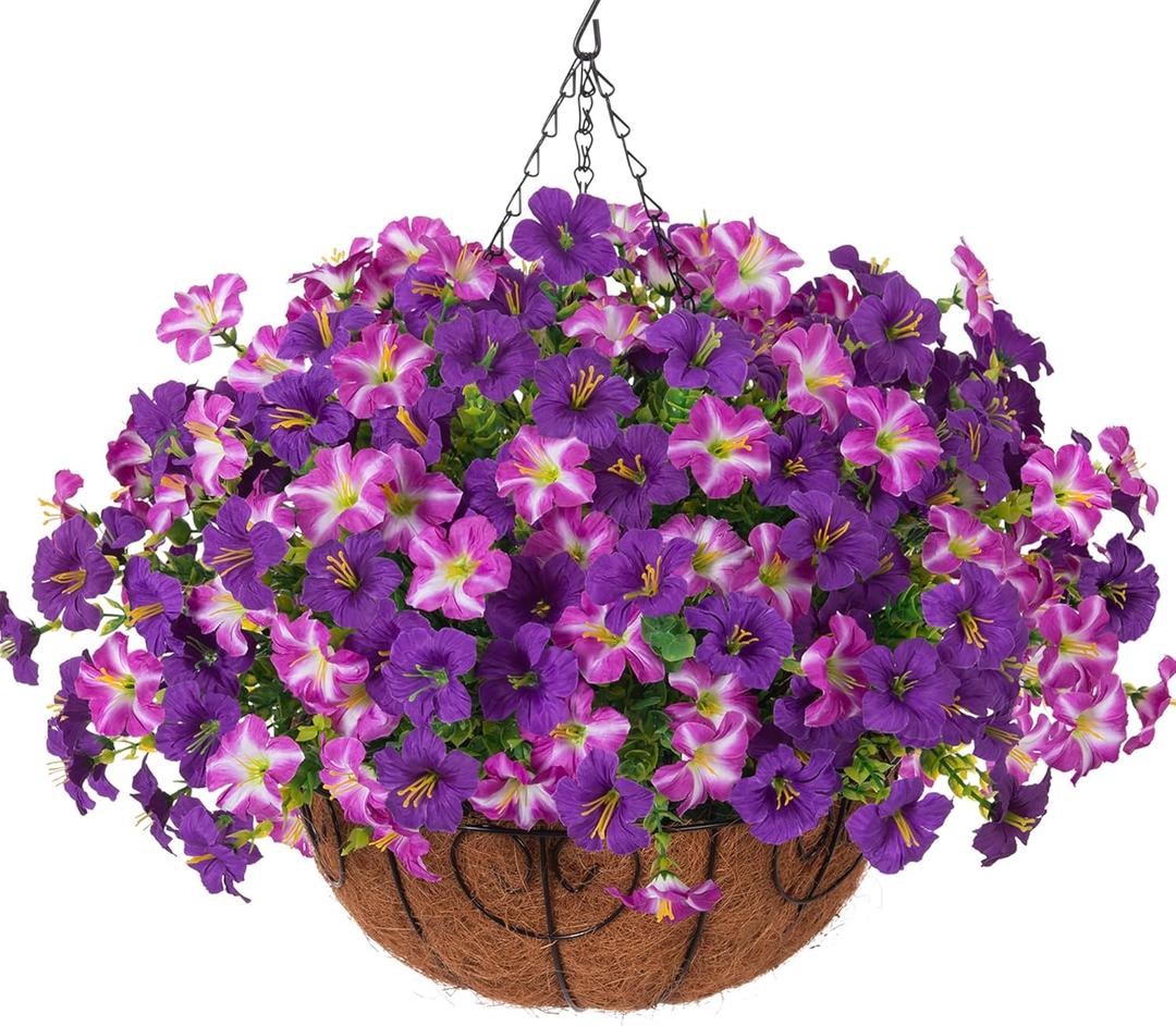 INSPRING Artificial Outdoor Flowers Hanging Baskets Faux Plants Summer Decoration, UV Resistant Fake Silk Morning Glory in Planter Look Real Petunias for Outside Patio Porch Balcony Garden Home, 2Mix