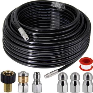 Twinkle Star Sewer Jetter Kit for Pressure Washer -100 ft Hose, 1/4 Inch NPT, Drain Cleaning Hose, Button Nose & Rotating Sewer Jetting Nozzle, Orifice 4.0, 4.5, 5.5, 4000 PSI