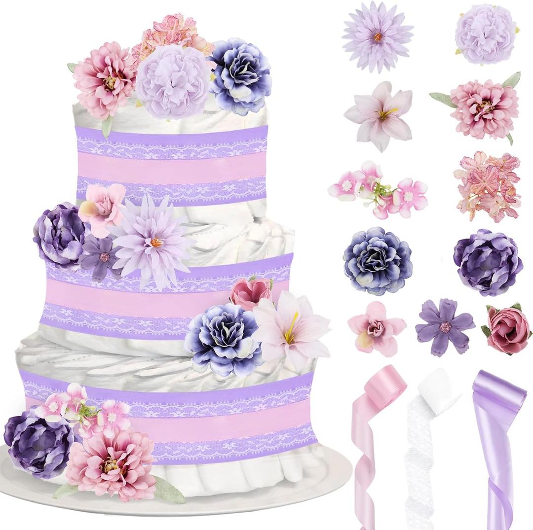 Pink Purple Floral Theme Diaper Cake Decorations for Baby Shower Party, White Lace Pink Purple Ribbons Artificial Flowers Floral Stems Decor for Baby Shower Birthday Party Supplies