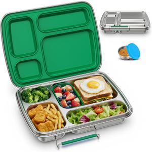 Stainless Steel Bento Lunch Box for Kids & Adults, 4 Compartment Kids Lunch Box, Metal Bento Box with Silicone Container and Stainless Steel Sauce Container,BPA-Free,School,Office(Green)
