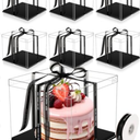 Maxdot 6 Pcs Transparent Tall Cake Boxes 12" x 12" x 10" Large Clear Cake Box with Ribbon Cake Carrier PET Wedding Cake Storage Container Clear Gift Boxes for Party Birthday Dessert Display (Black)