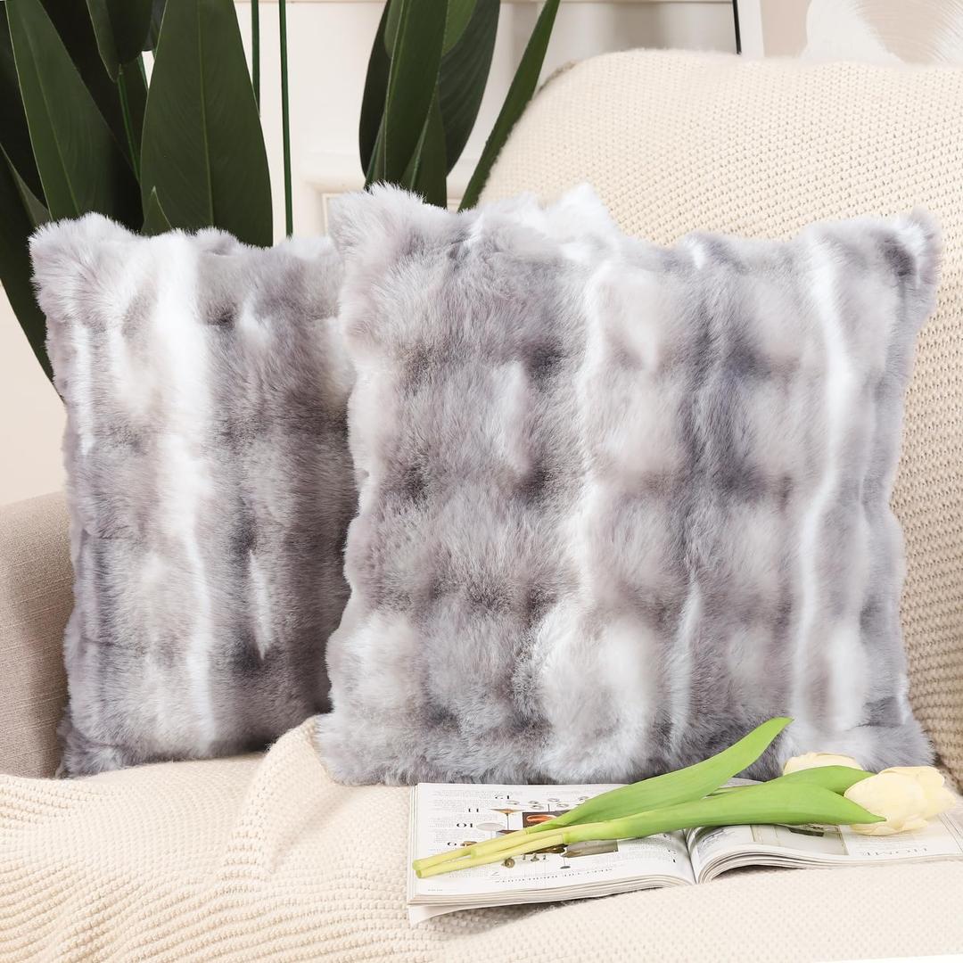 MADIZZ Pack of 2 Thick Plush Wool Throw Pillow Covers 16x16 Inch White Grey Soft Neutral Decorative Throw Pillows Accent Boho Cushion Covers for Couch Sofa Bedroom Pillow Shell (16" x 16" (Pack of 2), White Grey)