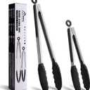 HOTEC Premium Stainless Steel Locking Kitchen Tongs with Silicon Tips, Set of 2-9" and 12" (Black)