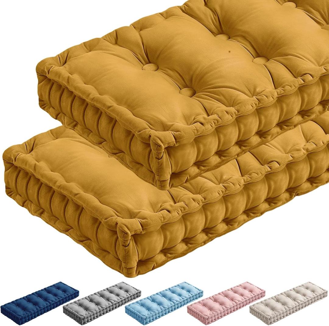 Dilunave 2 Pack Bench Cushions for Indoor Furniture, 42x16 Inch Velvet Kitchen Dining Piano Window Seat Cushion, Tufted Memory Foam Patio Porch Swing Bench Seat Pads (Yellow)