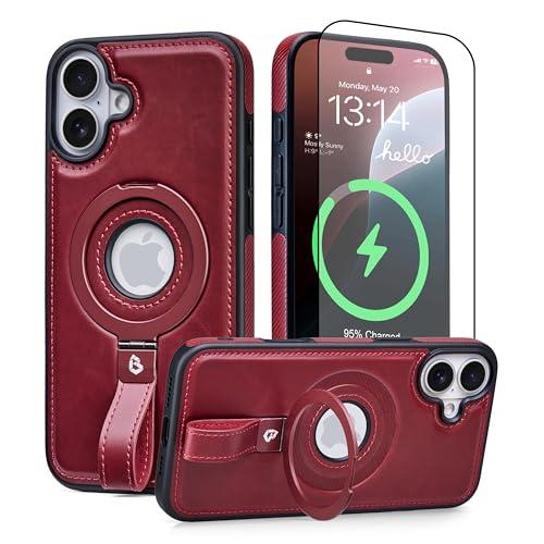 Butaiga for iPhone 16 Plus Leather Case with Stand, Anti-Slip Grip Ring, Fits for MagSafe (Burgundy, iPhone 16 Plus)