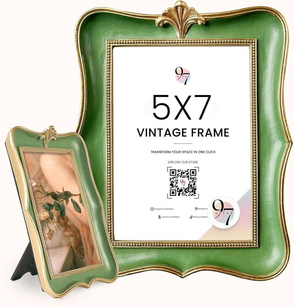 97 Decor Vintage Picture Frames 5x7 - Old Fashioned Ornate 5 X7 Scalloped Frame, Gold Green Antique Frame 5x7, Unique Photo Frames With Glass Front For Tabletop And Wall Hanging, Vintage Wall Decor