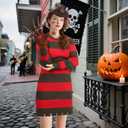 Halloween Costume Women Green And Red Striped Sweater Dress Hat Gloves Tattoo Horror Movie Nightmare Killer (M)