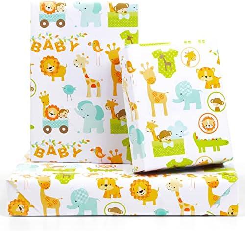 Gift Wrapping Paper for Baby Boys Girls Infant Kids, 6 Sheets Forest Animals Lion Giraffe Elephant Monkey Crocodile Wrapping Paper Sheet, 20 x 30 Inch Gift Paper for Baby Shower Birthday Kindergarten,Pack of 2