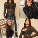 Avidlove Womens Mesh Long Sleeve Bodysuit Round Neck Sheer Leotards Geo Print Bodysuit Top with Snap Crotch (Small, Gold Star)