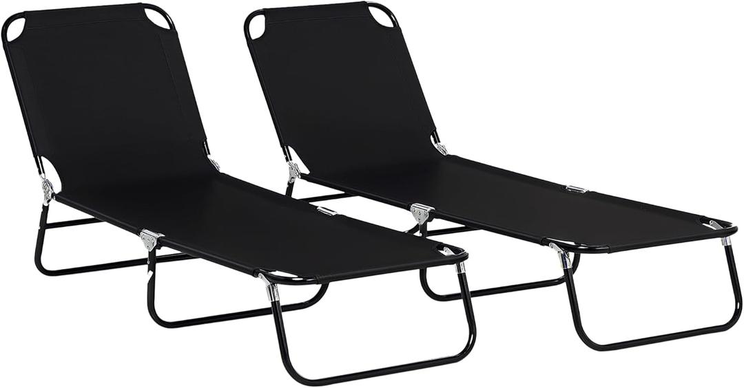 Outsunny 2 Piece Folding Chaise Lounge Pool Chairs, Outdoor Sun Tanning Chairs with 5-Level Reclining Back, Steel Frame for Beach, Yard, Patio, Black