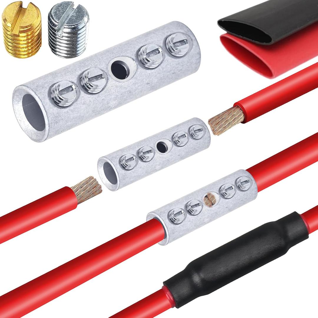 8 Gauge Wire Butt Connectors 10 PCS Tinned Brass Mechanical Butt Splice Connectors Kit 8 AWG Mechanical Repair Splice Kit Splice Screw Sleeves 10 PCS Mechanical Splices & 3:1 Heat Shrinks
