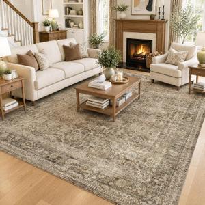 FMFUNCTEX 10x12 Washable Brown Neutral Vintage Area Rug for Living Room