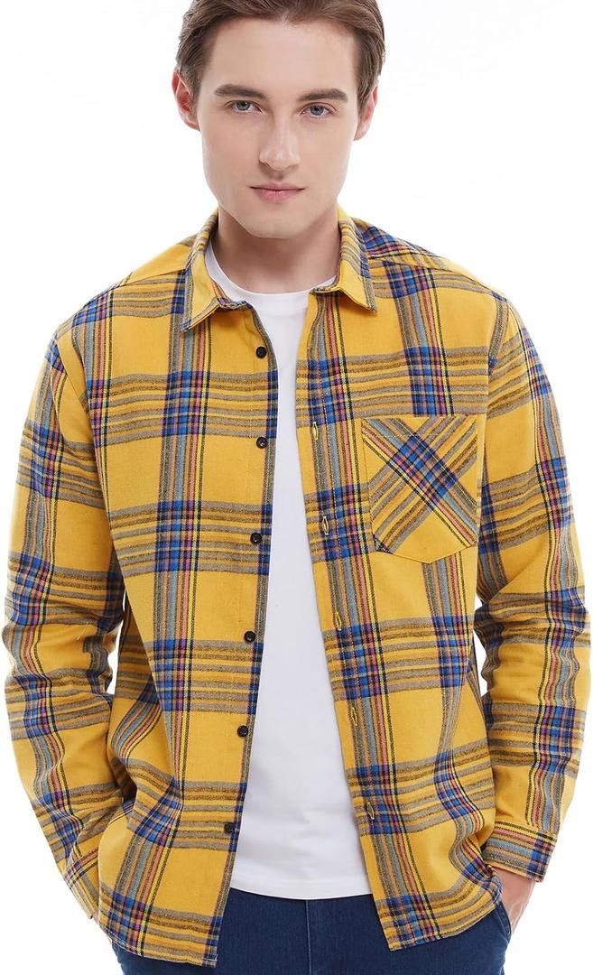 Men's Plaid Flannel Regular Fit Shirts Warm Button Down Long Sleeve Work Casual Shirt (Yellow, XL)