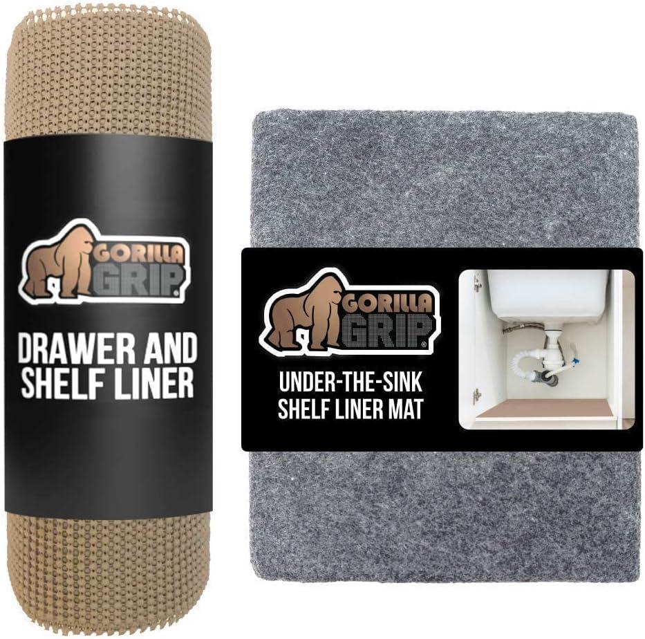Gorilla Grip Drawer Liner and Under Sink Mat, Drawer Liner Size 17.5x20 in Beige, and Under Sink Mat Size 24x30 in Charcoal, 2 Item Bundle