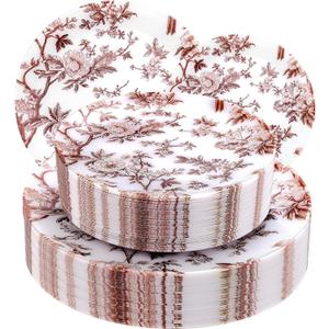 EjonirInjonir 60Pcs Heavy Duty Brown Floral Plates for Thanksgiving Party