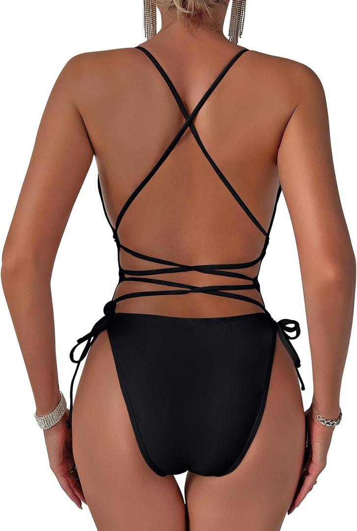 Lilosy Sexy Criss Cross Lace Up Plunge One Piece Swimsuit String Tie Side Cheeky Bathing Suit (Medium, Black)