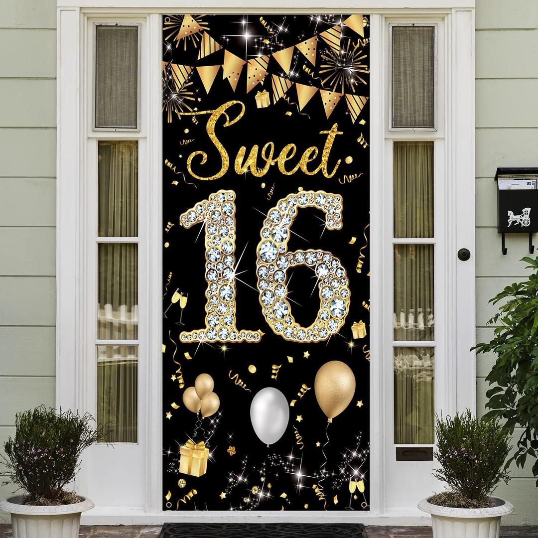 Sweet 16 Birthday Decorations Door Banner, Black Gold Happy Sweet 16 Birthday Decorations for Girls Boys, Sweet Sixteen Party Decorations, Door Cover Sign Decoration Backdrop, 6.1ft x 3ft Fabric PHXEY