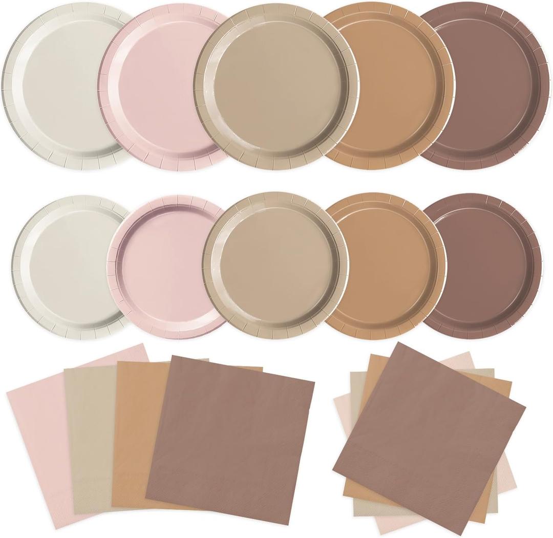 Oigco 150 PCS Brown Paper Plates Boho Baby Shower Decorations Gradient Brown Plates and Napkins for Birthday Wedding Boho Baby Shower Bridal Shower Party Supplies, Serves 50