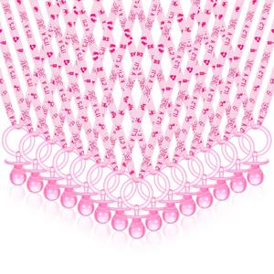 CHENGU 100 Pcs Baby Shower Favors Pacifiers Necklace, Acrylic Pacifiers Necklaces Bulk Favors for Gender Reveal Party Baby Shower Party Decorations Table Scatter(Pink)