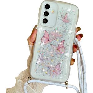 Crossbody Case for Samsung Galaxy S24 / S25 5G 6.2'' with Detachable Lanyard, Hands-Free Bling Glitter Silicone Clear Cute Butterfly Wave Woman Girls Cover with Adjustable Neck Rope, White