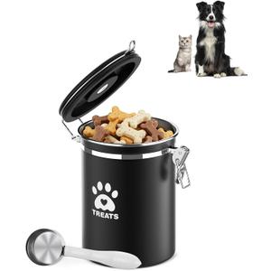 Dog Treat Container Airtight- 7.2"x4.7" Large Stainless Steel Cat Treat Jar for Kitchen Counter with Scoop, Pet Storage for Fresh Dog Cookie (Black)