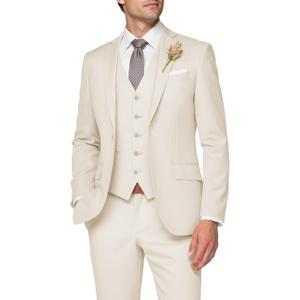3 Piece Suit Men Slim Fit Wedding Suits for Mens Elegant One Button Jacket Single Breasted Vest Pants Set (Medium, Cream)