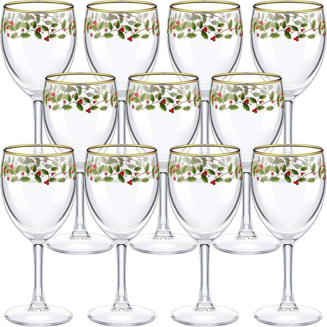 Nitial 12 Pcs Christmas Wine Glasses Set, 6.8 oz Festive Holiday Drinkware with Stem Wineglass Gift, Ideal for Red or White Wine at Christmas Dinners, New Years Family Party Gatherings (Holly Berry)