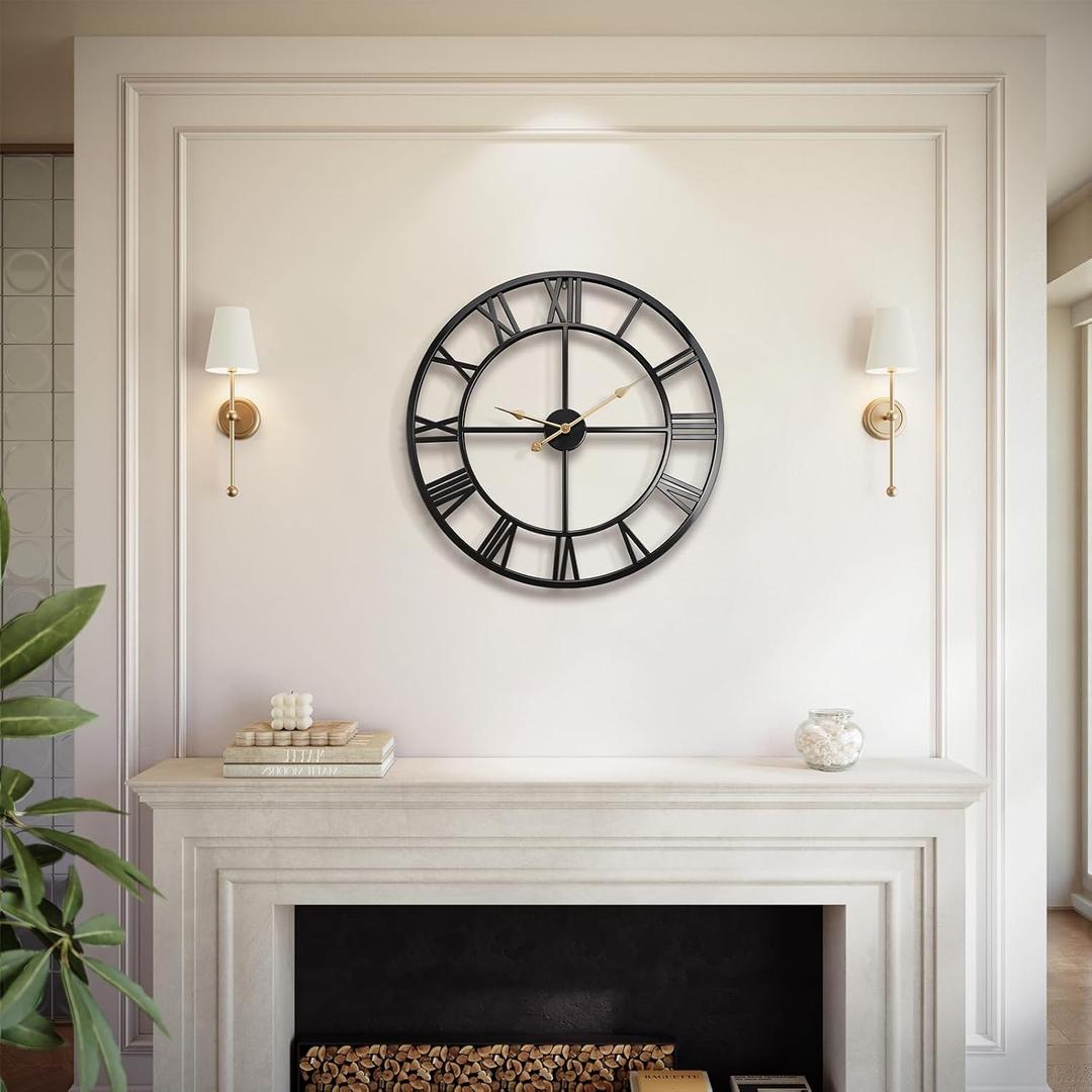 Vantic 24 Inch Large Wall Clock, Roman Numeral Metal Oversized Wall Clocks for Living Room Decor, Bedroom and Kitchen, Completely Silent, Non Ticking, Battery Operated