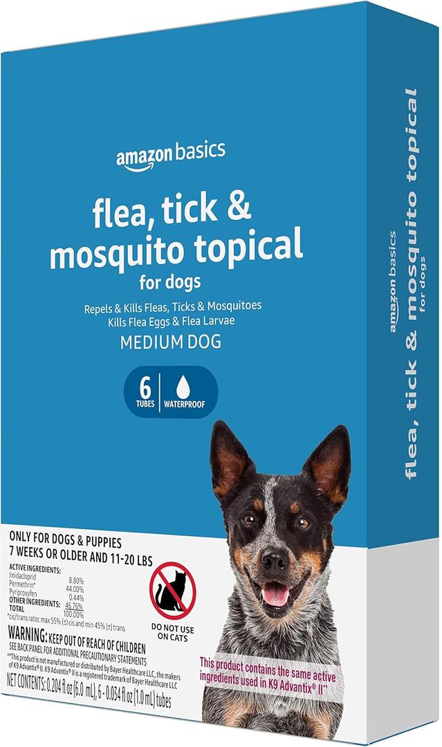 Amazon Basics Flea, Tick & Mosquito Topical Treatment for Medium Dogs (11-20 pounds), 6 Count (Previously Solimo)