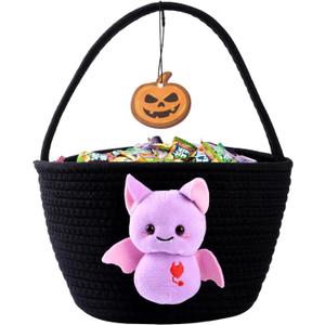 Halloween Candy Basket for Kids  Cotton Rope Trick or Treat Bag with Black Cat Design, Reusable Halloween Candy Bucket for Boys and Girls (purple)