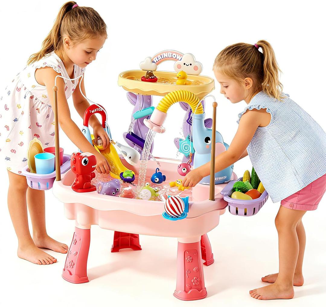 2027 Upgraded Toddler Sand Water Table Toy with Electric Water Pump, Kids Sand Water with Faucet/Play Food Accessories/Fishing Toy, Kitchen Play Sink Toys for Girl Boy Age 3+ (Pink)