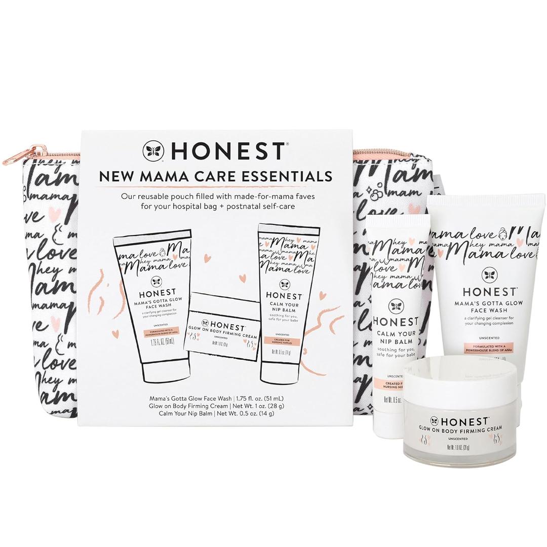 The Honest Company New Mama Care Essentials Gift Set Hospital Bag Must Haves Travel Size Nip Balm (0.5 oz) Glow On Body Cream (1 Gotta Face Wash (1.75 fl Reusable Pouch