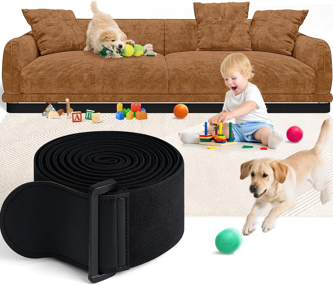 Under Couch Blocker for Kid and Pet Toys, Sunoyar Gap Guard Stopper for Furniture & Bed Adjustable Elastic Strap, Easy Install Fits Right-Angle Furniture Legs L165 H3 (Black)