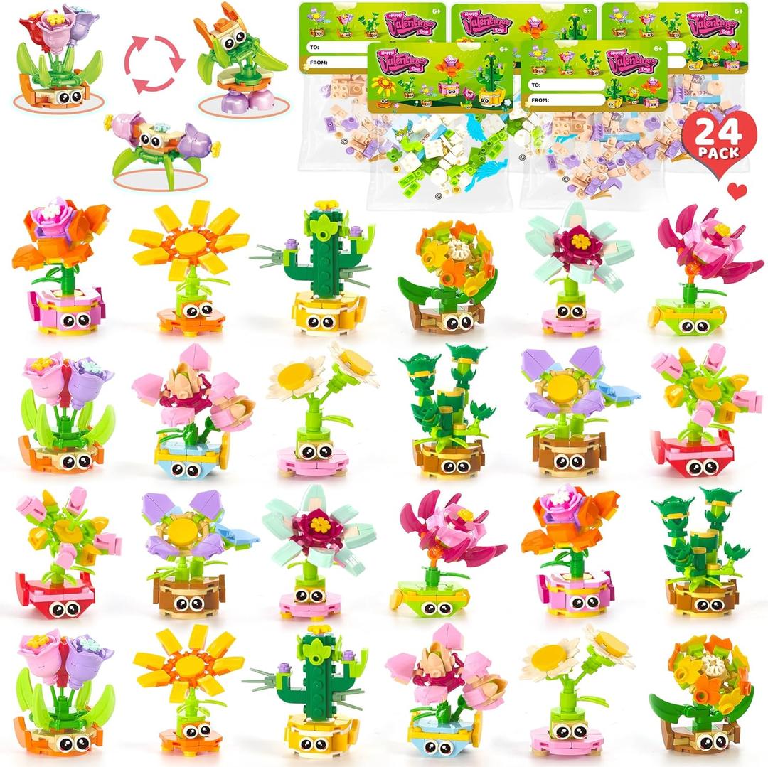 24 Pack Valentine's Day Gifts with Cards for Kids Party Favors  3-in-1 STEM Flower & Plant Building Sets (72 Models), Classroom Exchange & Non-Candy Goody Bag Fillers for Boys & Girls Ages 6+