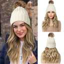 REECHO Warm Knitted Beanie Hat with 12" Beach Wavy Synthetic Hairpiece for Women - Beige, Golden Blonde with Highlights Hair