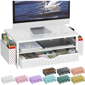 gianotter Desk Organizers and Accessories, Monitor Stand with Drawer and 2 Pen Holder, Desktop Organizer Suitable for Offices and Dormitories (White)