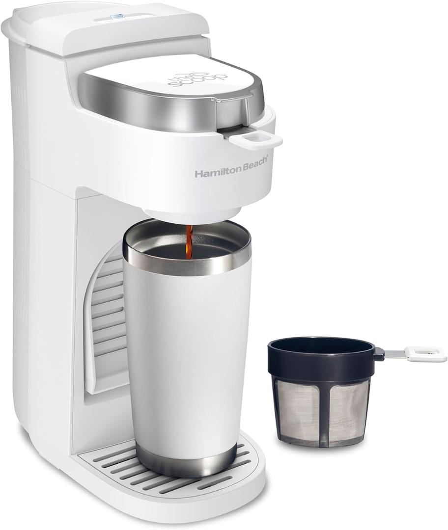 Hamilton Beach 47621 The Scoop Single Serve Coffee Maker & Fast Grounds Brewer for 8-14oz. Cups, Brews in Minutes, Next Gen, White