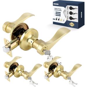 Wave Style Door Lever Keyed Entry Door Handle with Lock, 3 Pack Keyed-NOT-Alike Entrance Lever, Reversible for Left/Right Handed for Office or Front Door with Satin Brass Finish