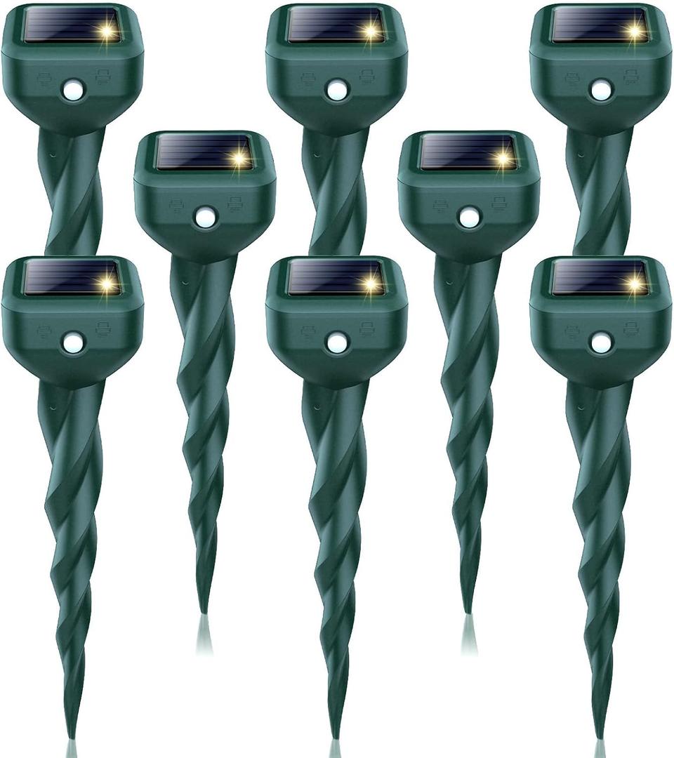 Mole Repellent Solar Powered, 8 Pack Snake & Skunk Repellent for Yard, IP 65 Waterproof Ultrasonic Deterrent Stakes, Get Rid for Rabbit, Gopher, Vole, Chipmunk, Deer, Groundhog for Lawns Garden