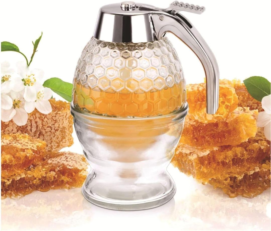 Honey Dispenser,Honey Dispenser No Drip,ABS Honey Pot with Stand, Maple Syrup Honey Container, No Drip Syrup and Sugar Jar Pot with High Capacity Pourer Dispenser