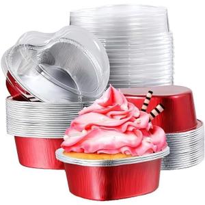 Heart Shaped Baking Pan with Lids, Disposable Mini Flan Containers & Cupcake Tins, 40-Pack 100ml Aluminum Foil Cups for Valentine's Day, Mother's Day, Wedding Party