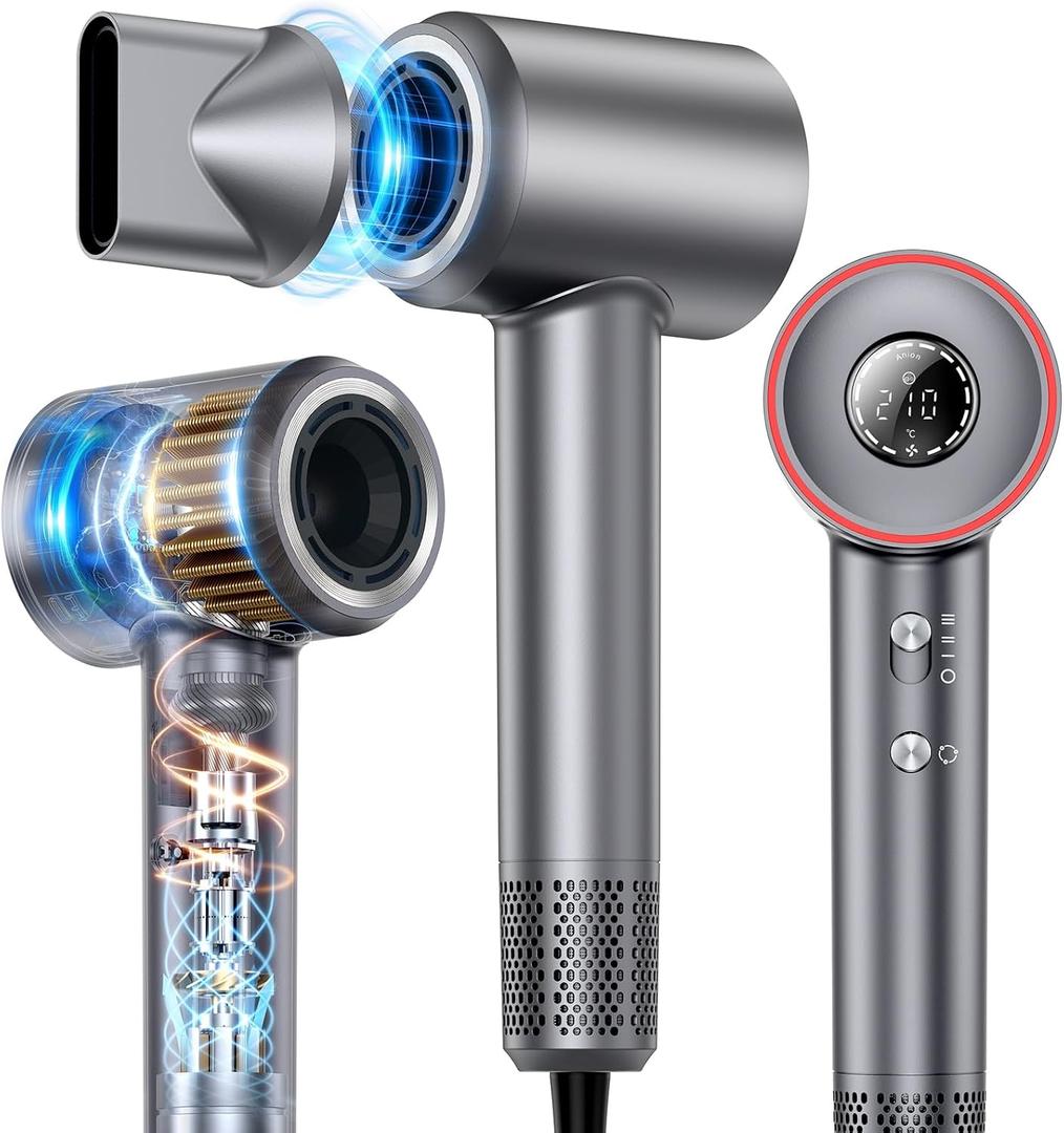 Hair Dryer, 160000 RPM High Speed 200 Million Ionic Blow Dryer, Professional Hair Blow Dryer with Diffuser and Nozzle for Home, Travel & Salon Use, 120V (Bright Silver)