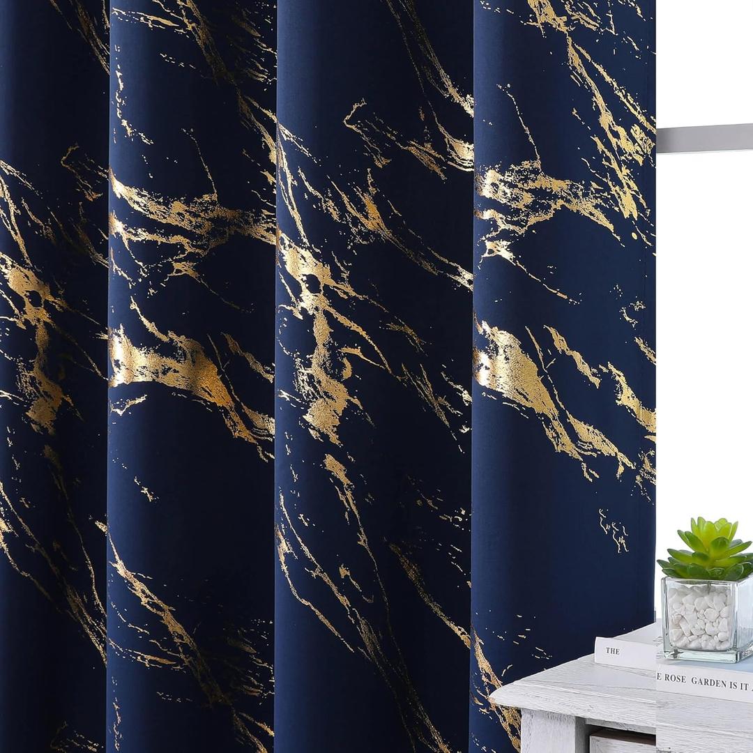 WUBODTI Gold Marble Pattern 100% Blackout Curtains 96 Inches Long 2 Panels for Bedroom Living Room, Navy Blue Metallic Printed Thermal Insulated Curtain Modern Abstract Soundproof Curtain Drapes, 52"W x 96"L