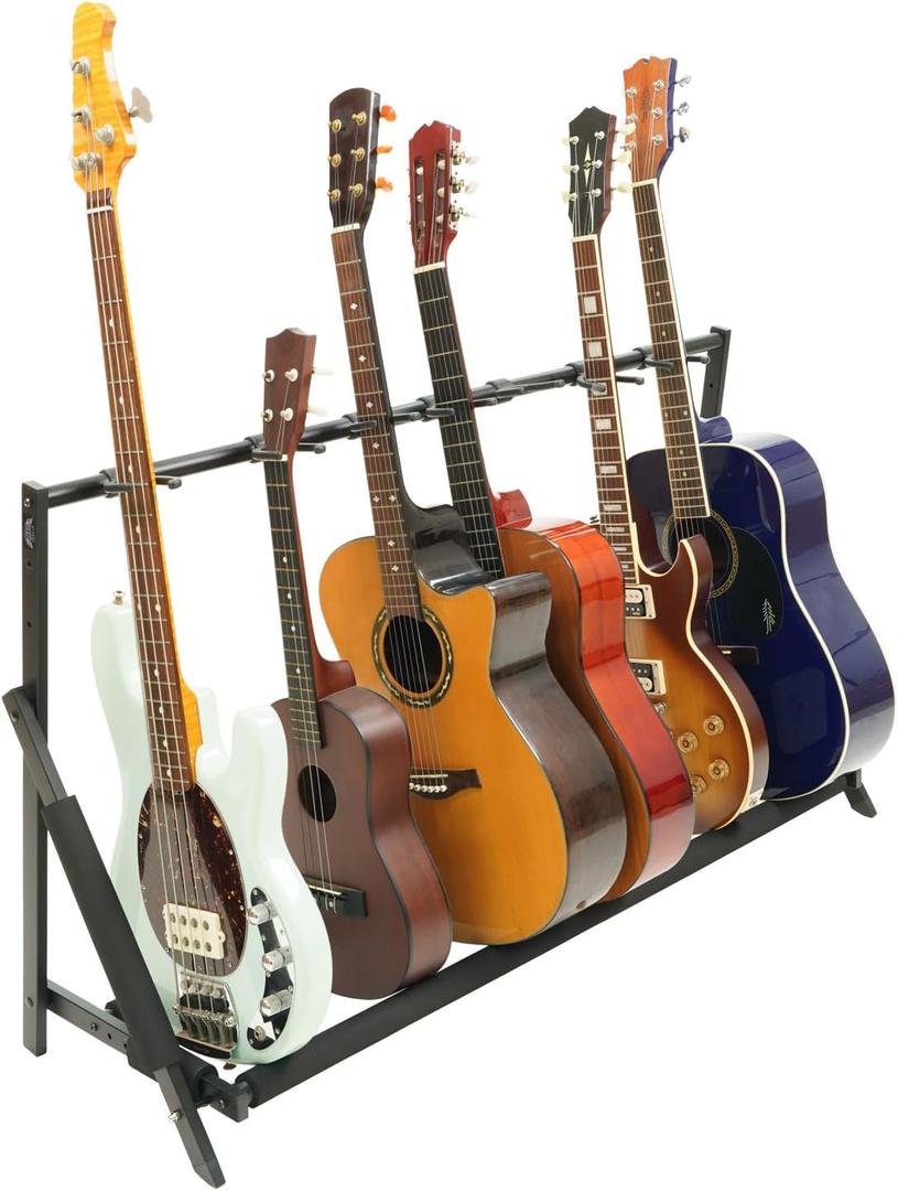 Stage Rocker Multi Guitar Stand, Foldable 7 Holder Rack with Adjustable Height & Width, Easy Assembly & Storage, Reliable Soft Foam Padding to Protect Acoustic or Electric Guitars & Basses, Black.