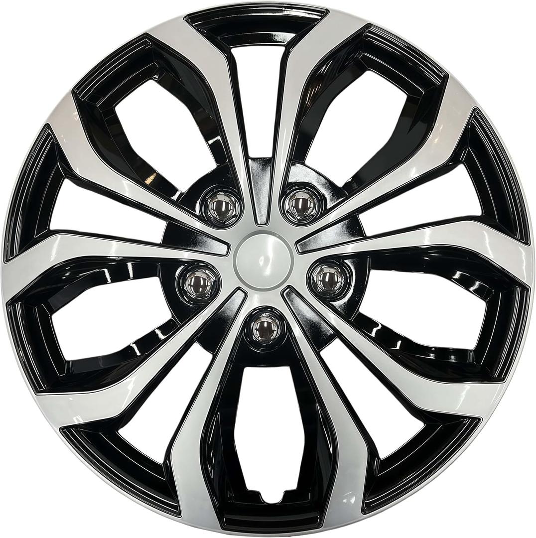 Universal Hubcaps for Steel Wheels, Snap-On Wheel Covers with Adjustable Steel Retaining Ring, Durable ABS, Patent Design (Silver&Black, 17-inch)